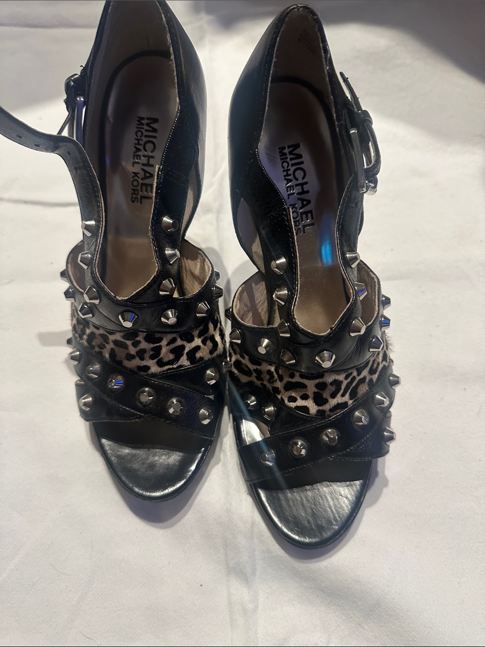 MICHAEL Michael Kors Black Leather Heels with Leopard Accent and Studs